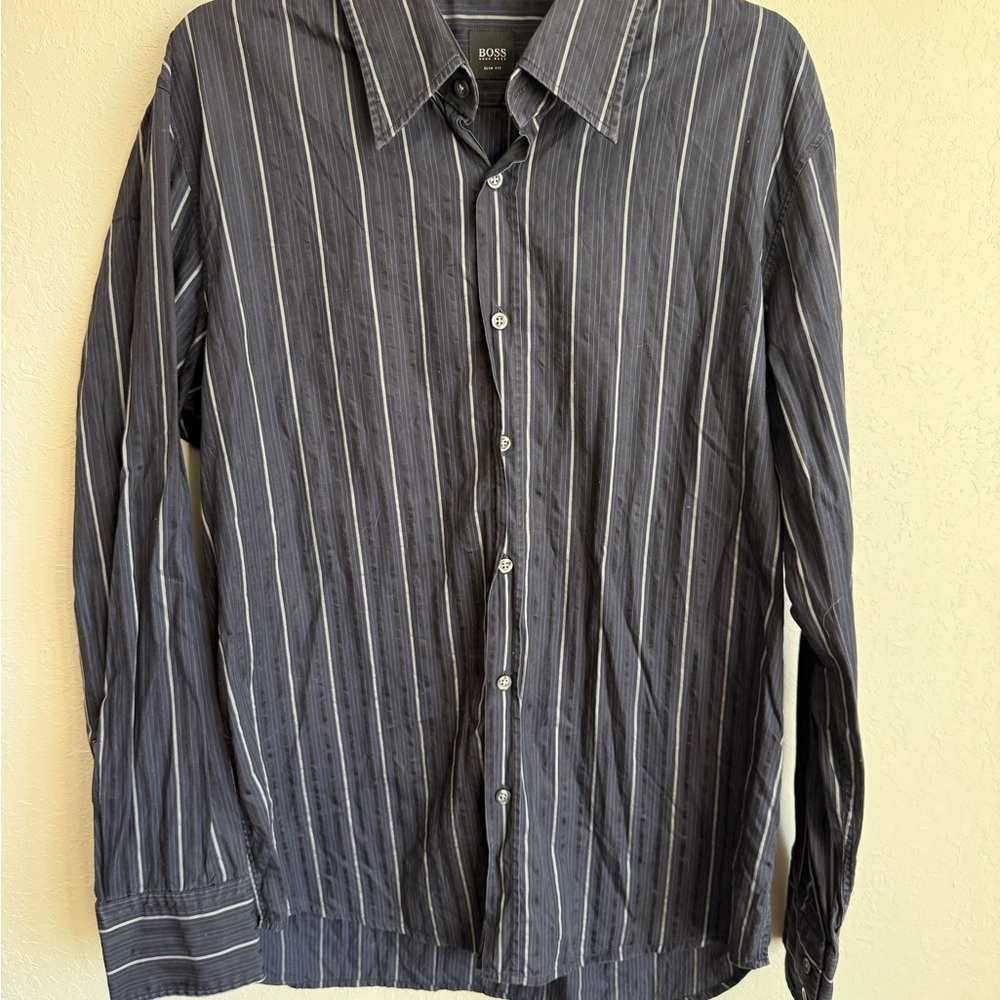 Mens XL Navy Striped Hugo Boss Slim Fit Formal Classic Cocktail Button Up Shirt